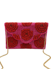 Load image into Gallery viewer, FUCHSIA and RED ROSES BEADED CLUTCH