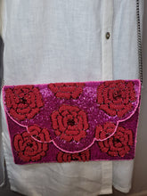 Load image into Gallery viewer, FUCHSIA and RED ROSES BEADED CLUTCH