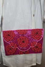 Load image into Gallery viewer, FUCHSIA and RED ROSES BEADED CLUTCH