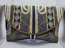Load image into Gallery viewer, Black, Gold Tribal Beaded Clutch
