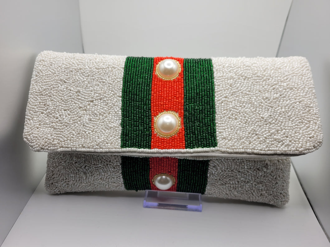 White, Red and Green with Pearl Accents Clutch