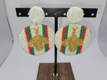 Load image into Gallery viewer, White, Gold and Green Bee Beaded Earrings
