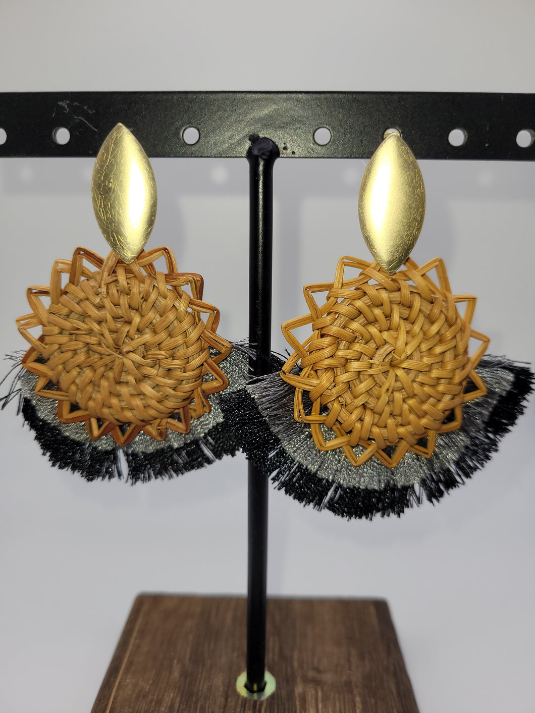 Gold and Black and Grey Rattan Tassel Earrings