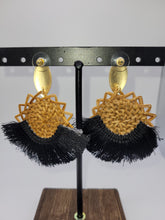 Load image into Gallery viewer, Gold and Black and Grey Rattan Tassel Earrings
