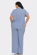Load image into Gallery viewer, Plus Size Linen Stripe Top And Pants Set: Blue / (1XL-2XL-3XL)
