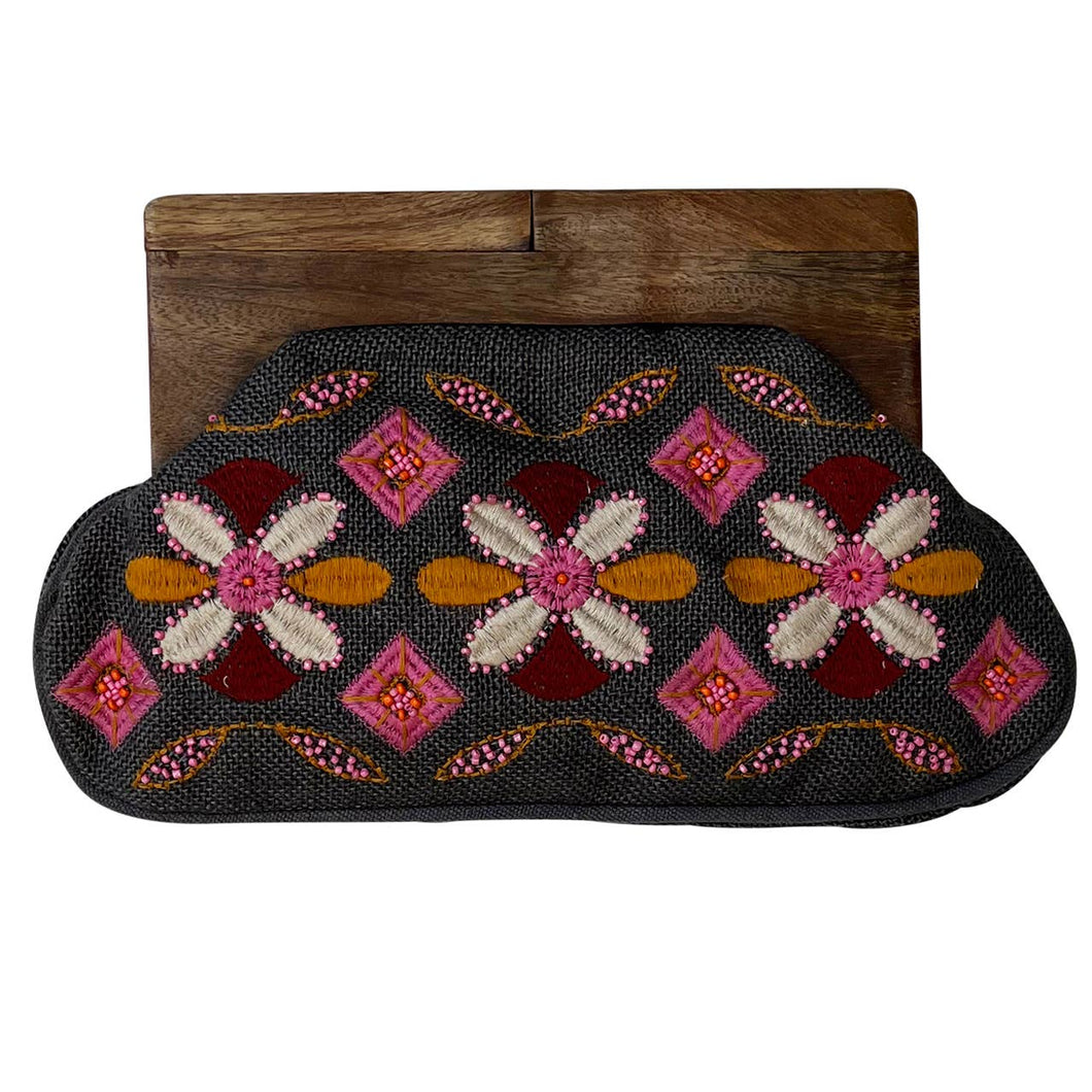 Charcoal Clutch with Pink Flowers Wooden Handle
