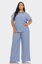 Load image into Gallery viewer, Plus Size Linen Stripe Top And Pants Set: Blue / (1XL-2XL-3XL)

