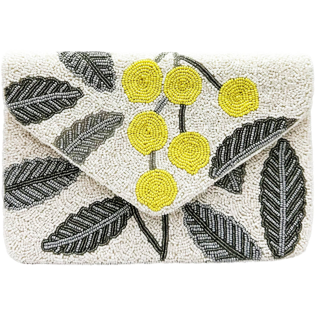WHITE & GREY LEAVES BEADED CLUTCH