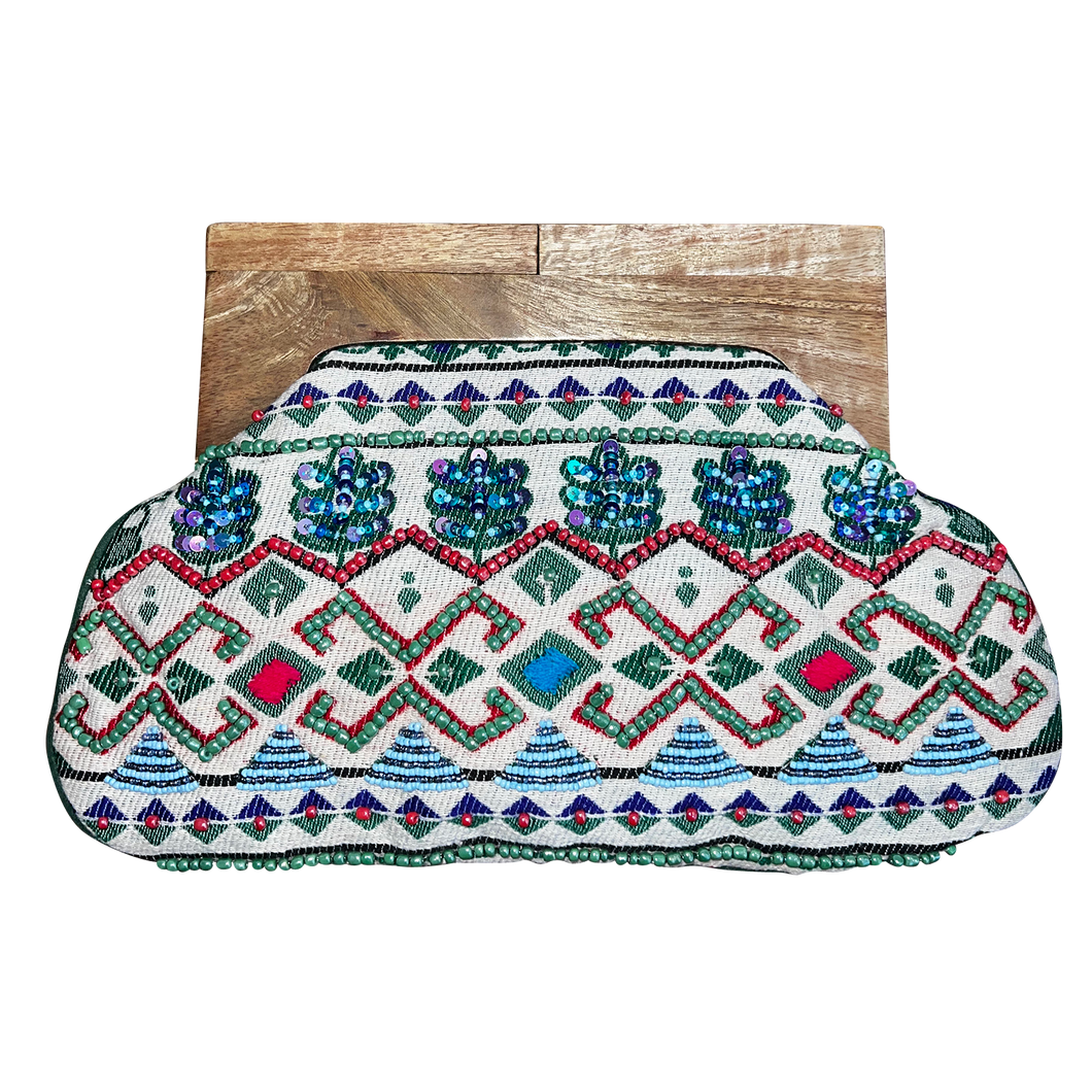Beaded Cotton Clutch Bag Wooden Handle