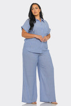 Load image into Gallery viewer, Plus Size Linen Stripe Top And Pants Set: Blue / (1XL-2XL-3XL)
