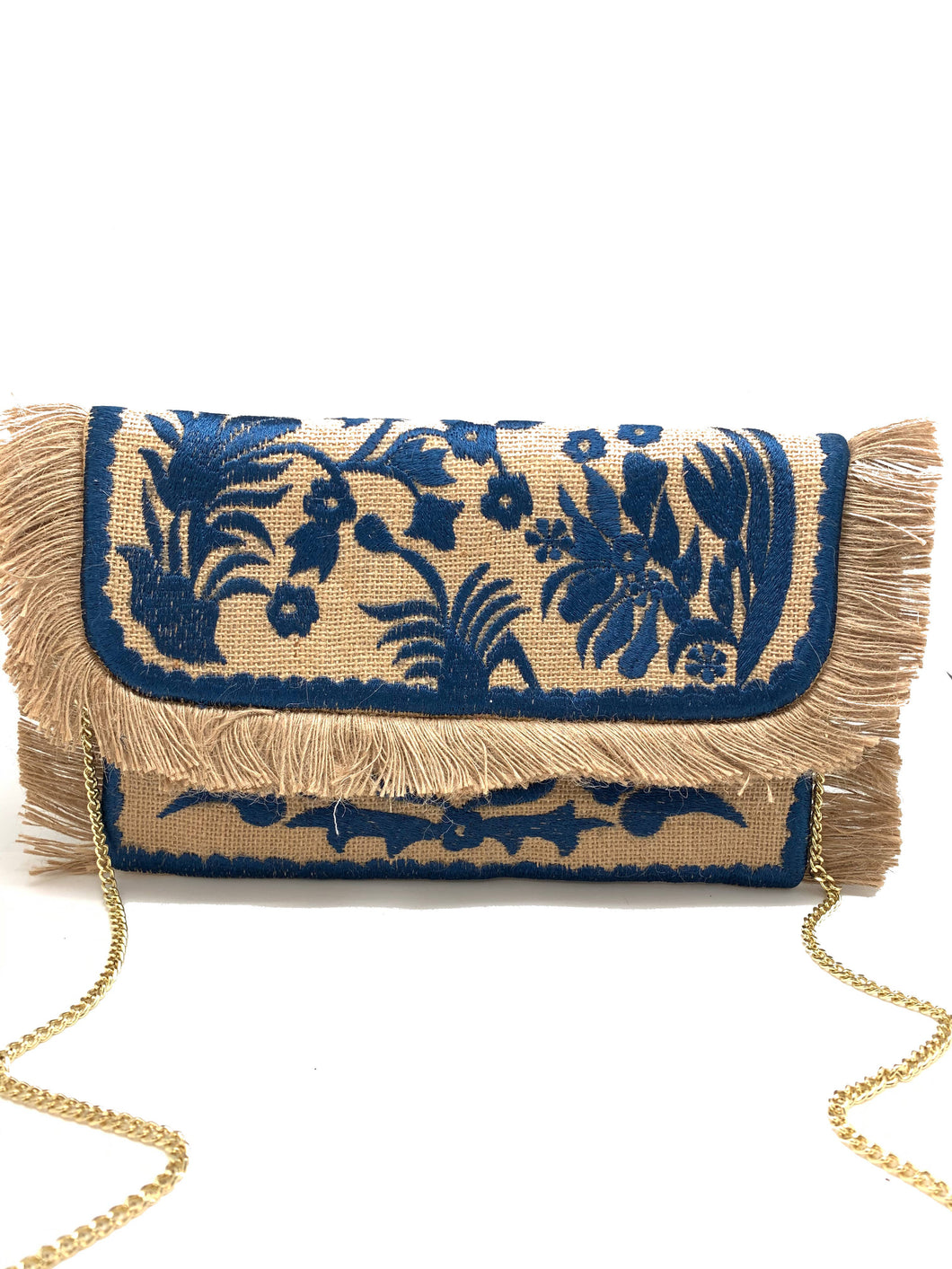 NAVY EMBROIDERED JUTE CLUTCH