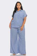 Load image into Gallery viewer, Plus Size Linen Stripe Top And Pants Set: Blue / (1XL-2XL-3XL)
