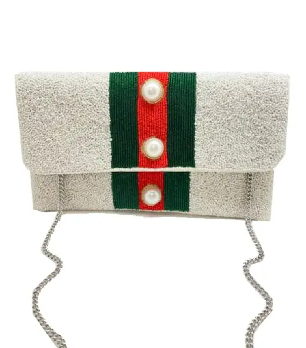 White, Red and Green with Pearl Accents Clutch