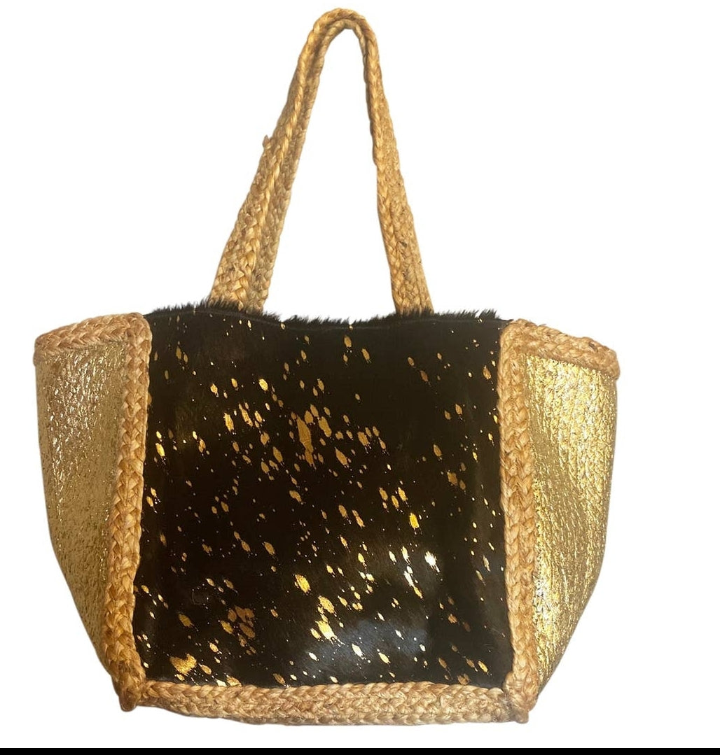 Black and Gold Straw Tote Bag