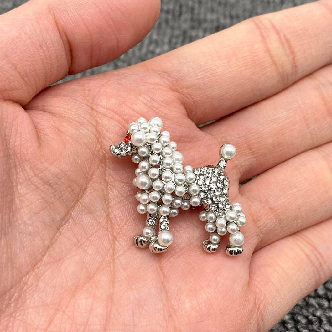 Rhinestone & Pearl Poodle Silver Brooch