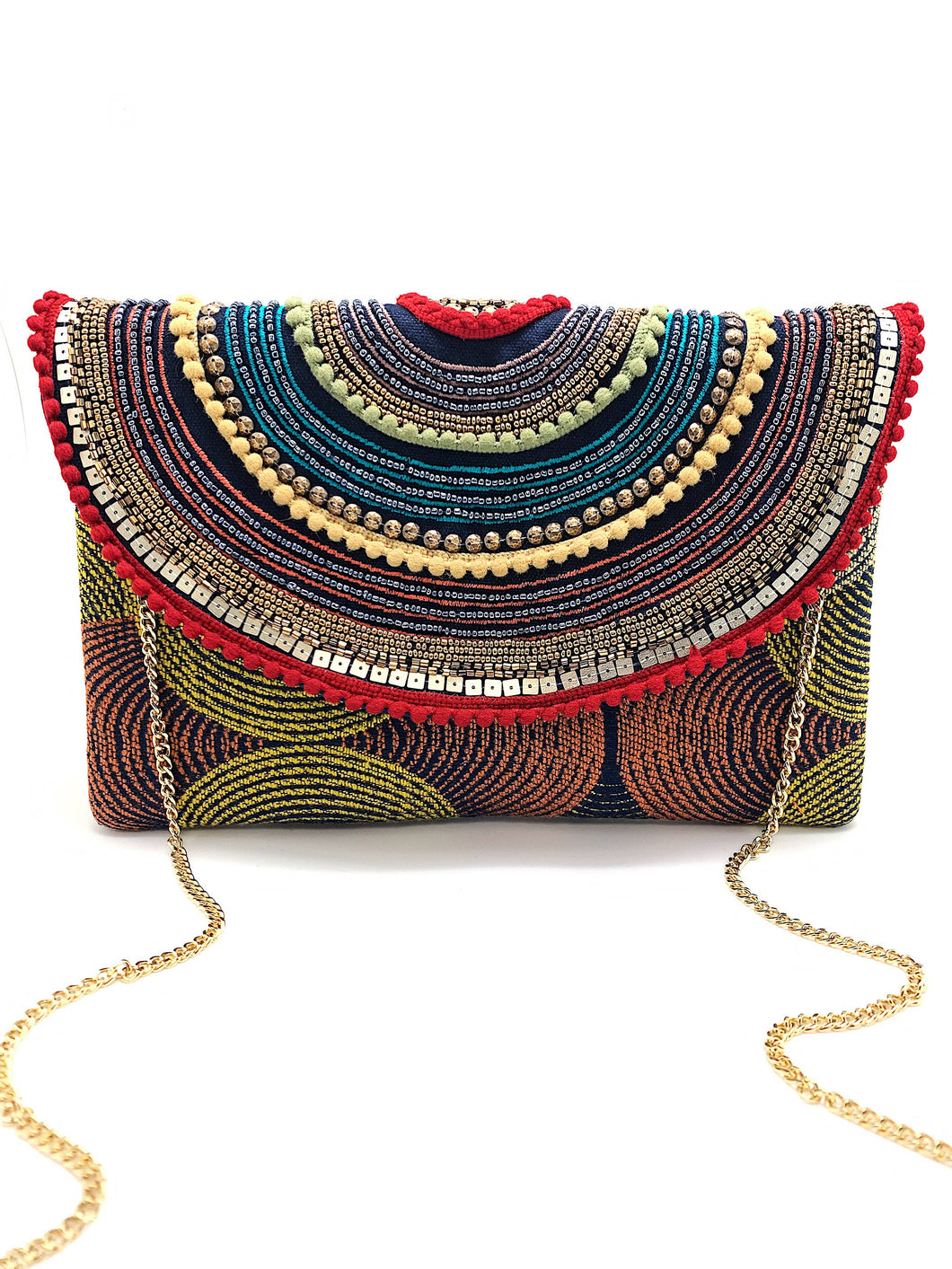 MULTI EMBROIDERED CLUTCH W/ POM POMS