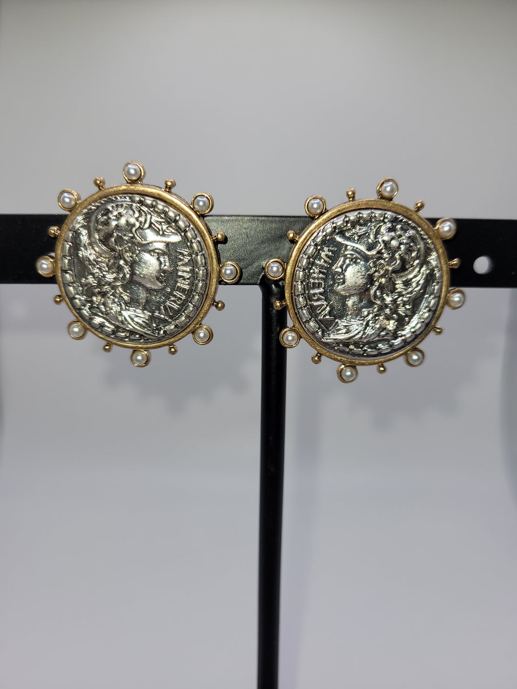 Silver Coin and Pearl Clip On Earrings