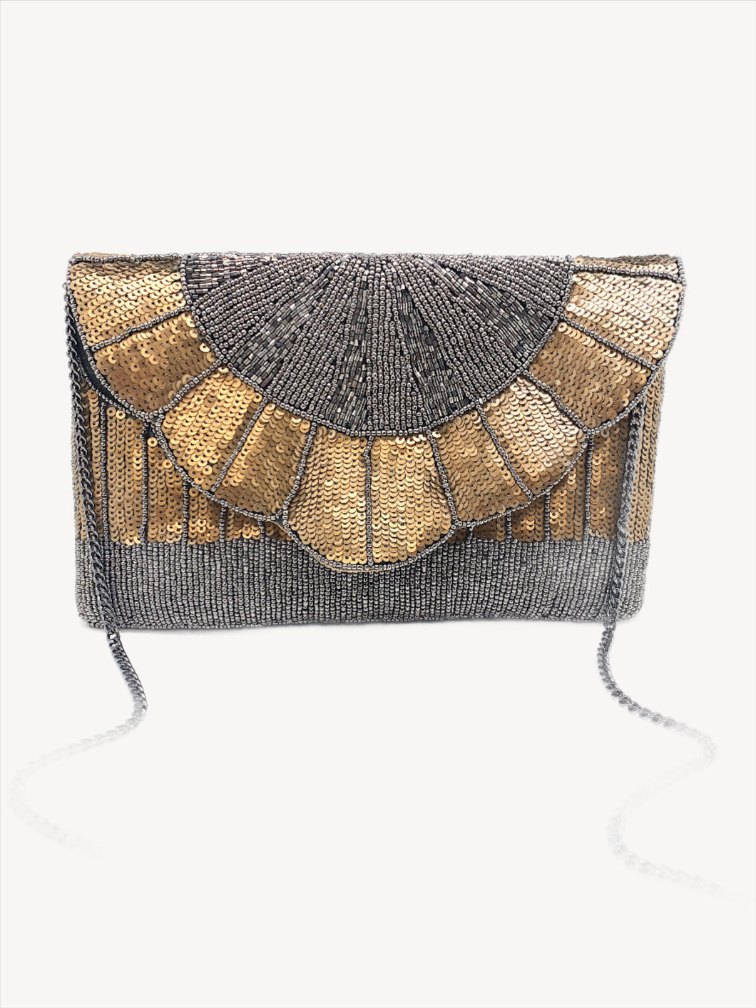 Grey and Gold Scallop Beaded Clutch