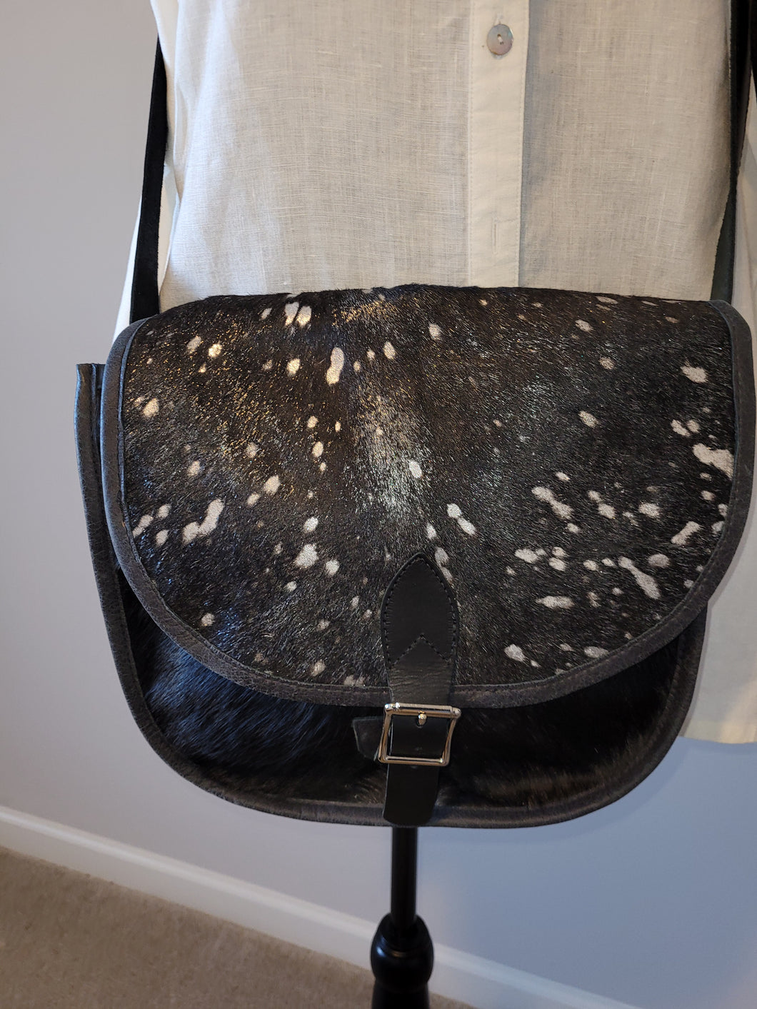 Leather Black and Silver Mohair Crossbody
