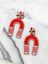 Load image into Gallery viewer, Game Day Beaded Arch Dangle Earrings: Red &amp; White
