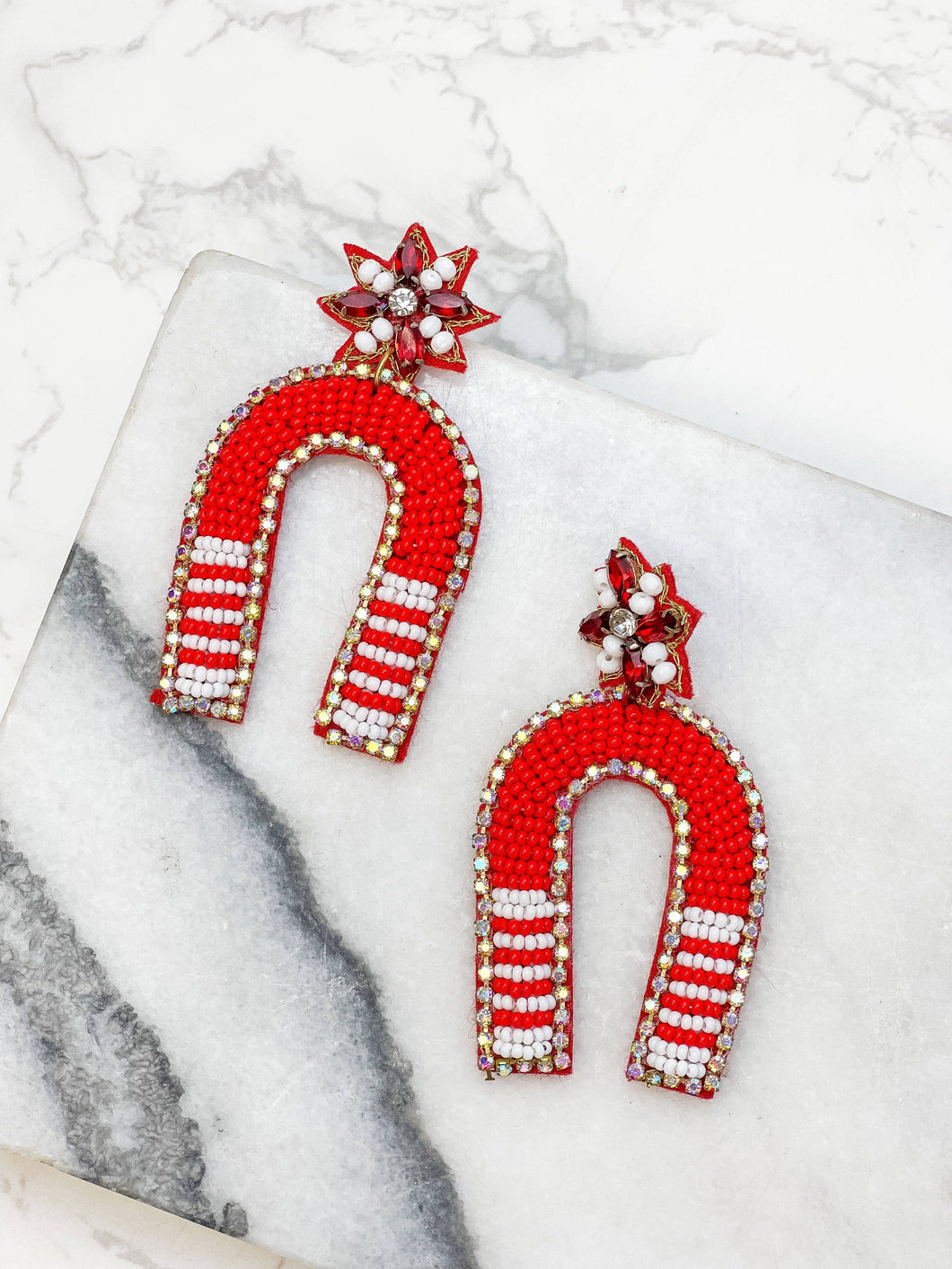 Game Day Beaded Arch Dangle Earrings: Red & White