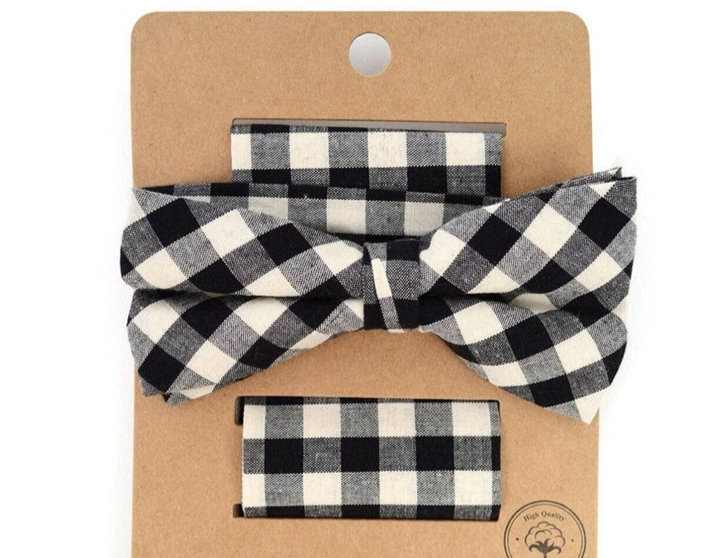 Black and White Bowtie and Pocket Square Set