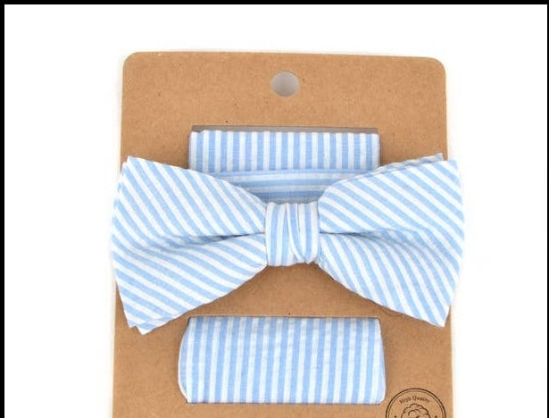 Light Blue and White Bowtie and Pocket Square Set