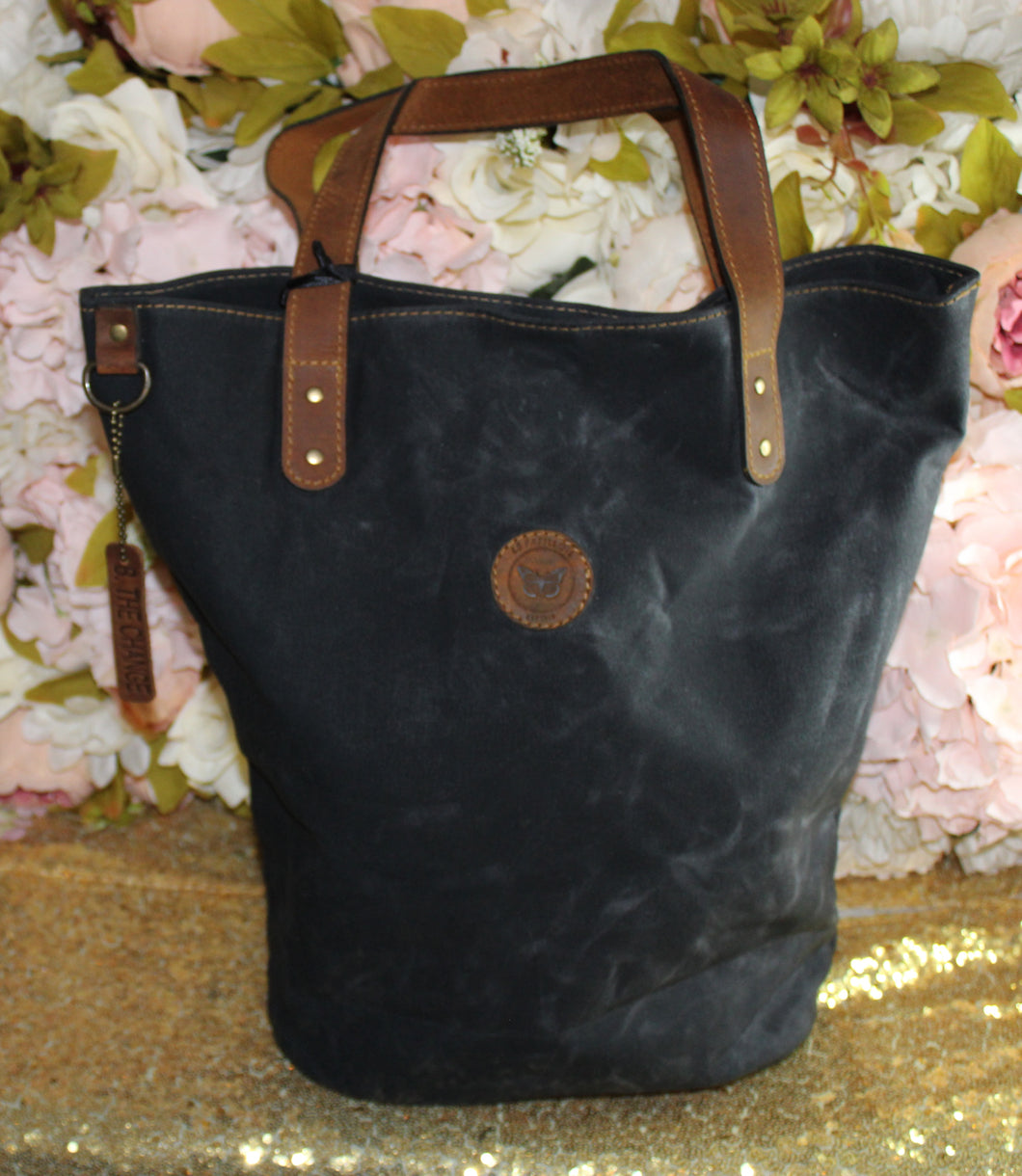 Canvas Bucket Bag with Leather Straps