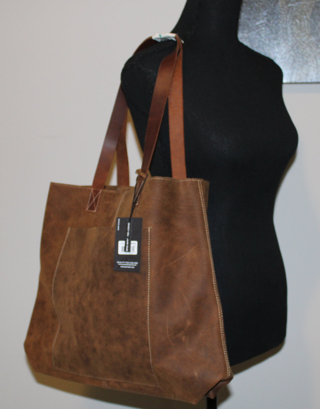 Brown Leather Tote Bag with Pocket
